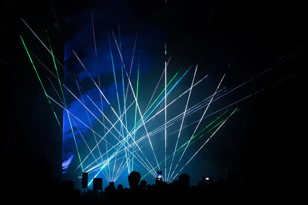 Main stage with RGB lighting and spectator screens